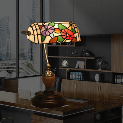 European Tiffany Flower Glass 1-Light Banker Table Lamp