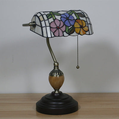 European Tiffany Flower Glass 1-Light Banker Table Lamp