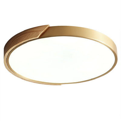 Modern Light Luxury Round All Copper Wood LED Flush Mount Lighting