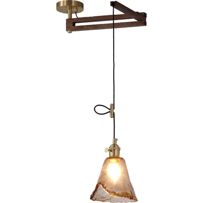 Modern Art Deco Walnut Rocker Arm Glass Shade 1-Light Pendant Light for Living Room