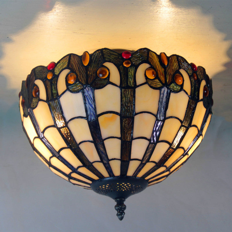 European Vintage Tiffany Iron Glass 2-Light Flush Mount Light