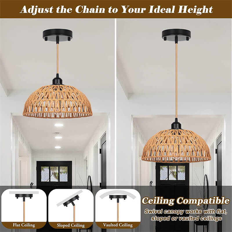 Traditional Rustic Half Round Iron Hemp Rope 1-Light Pendant Light For Living Room