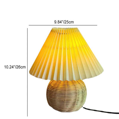 Traditional Vintage Round Pleated Bamboo Fabric 1-Light Table Lamp For Bedroom