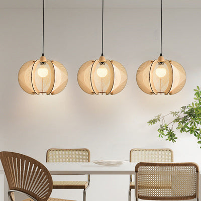 Traditional Japanese Wooden Frame Linen Thread Weaving Cage Shape 1-Light Pendant Light For Living Room