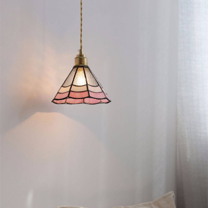 Japanese Vintage Pink Striped Cone Glass 1-Light Pendant Light