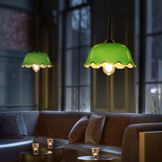 Luminaire suspendu vintage à 1 lumière avec dôme en verre à bords roulés vert émeraude 
