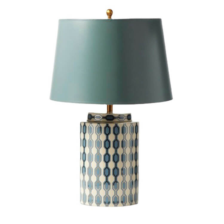 Lampe de table à 1 lumière à base cylindrique en céramique à carreaux bleus rustiques européens 