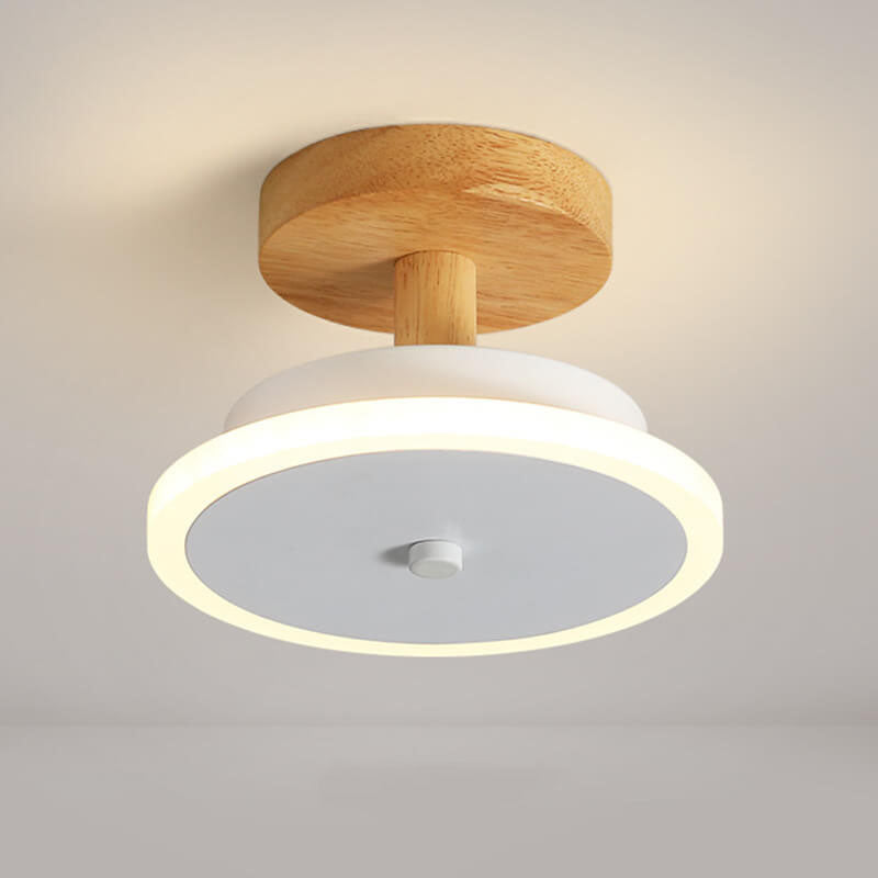 Nordic Flat Round Wood Base LED Semi-Flush Mount Ceiling Light