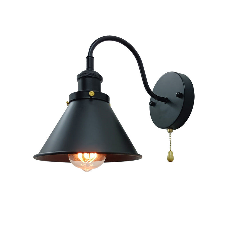 Industrial Vintage Iron Black Cone 1-Light Pull Cord Wall Sconce Lamp