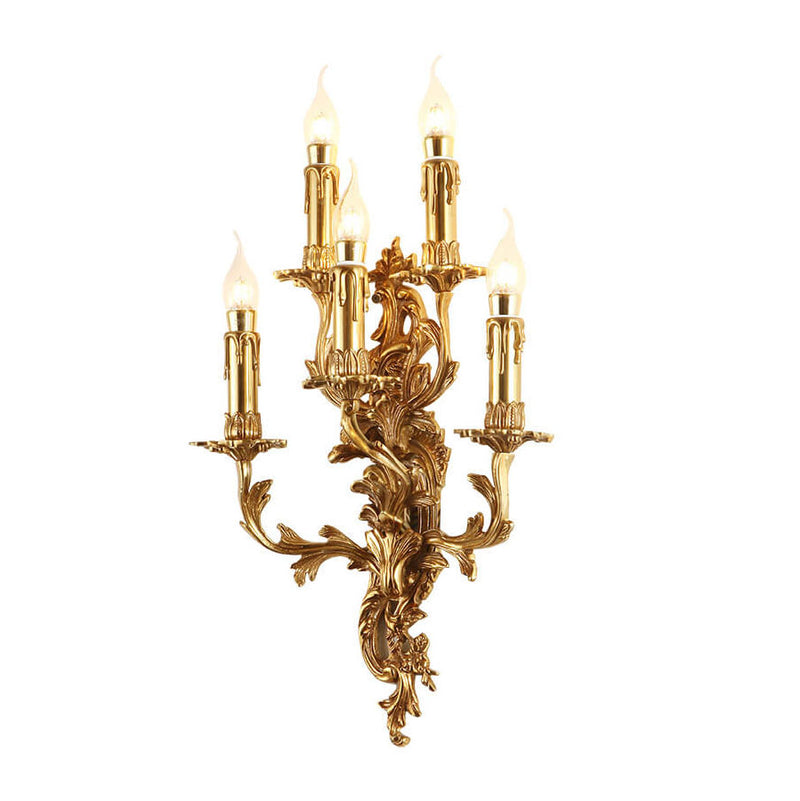 French Vintage Brass Candle Carved 5-Light Wall Sconce Lamp