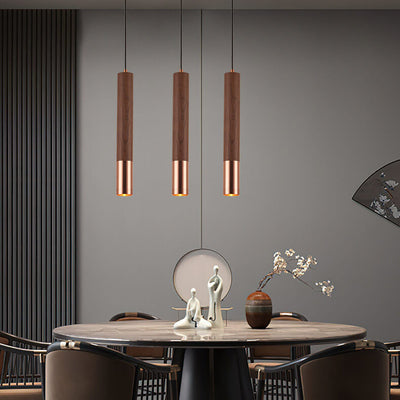 Nordic Minimalist Walnut Strip Aluminum Lampshade LED Pendant Light