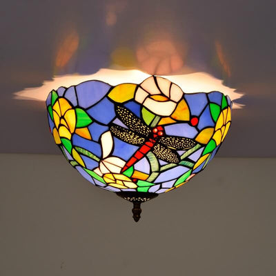 Tiffany Dragonfly Flower Stained Glass Bowl 2-Light Flush Mount Ceiling Light