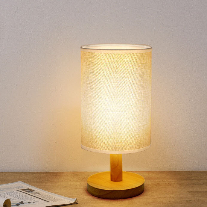 Minimalist Vintage Fabric Cylinder Wood Base LED Table Lamp