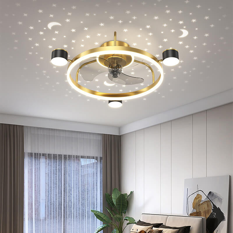 Moderne runde LED-Deckenventilator-Leuchte mit runder Sternenhimmel-Projektion zur bündigen Montage