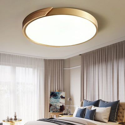 Modern Light Luxury Round All Copper Wood LED Flush Mount Lighting