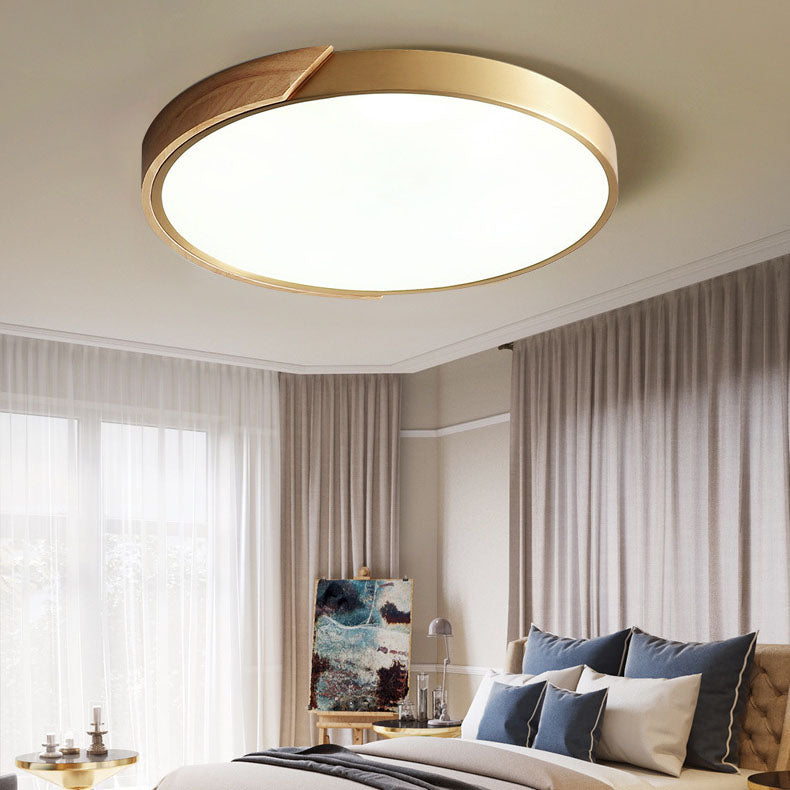 Modern Light Luxury Round All Copper Wood LED Flush Mount Lighting