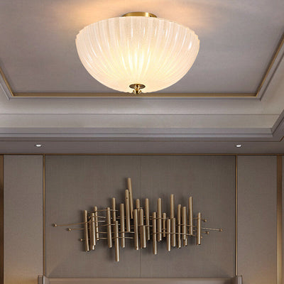 Modern Light Luxury Glass Shell Round Copper 3-Light Semi-Flush Mount Ceiling Light