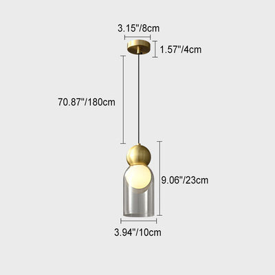 Lampe suspendue moderne à 1 lumière avec colonne en verre et boule de cuivre 