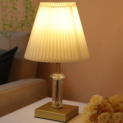 Modern Minimalist Cone Pleated Fabric Crystal Hardware 1-Light Table Lamp