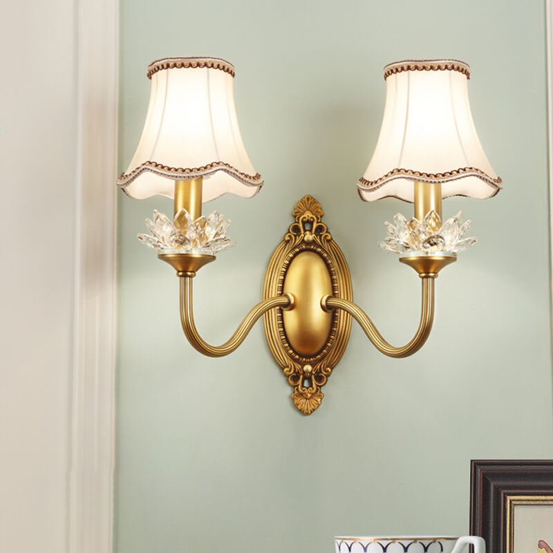 European Luxury Fabric Brass Carved 1/2 Light Wall Sconce Lamp