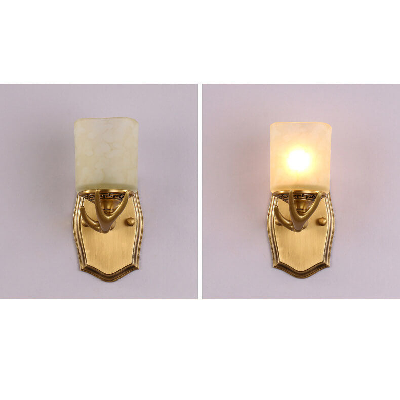 European Vintage Antler Brass Glass 1-Light Wall Sconce Lamp