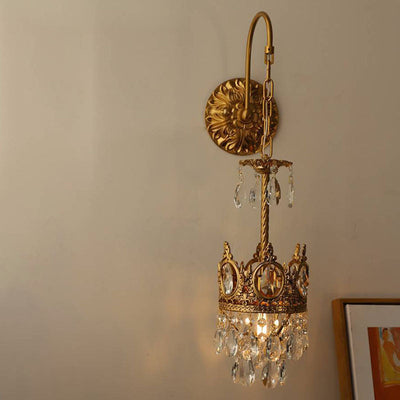 Traditional French Bent Crown Copper Crystal 1-Light Wall Sconce Lamp For Bedroom