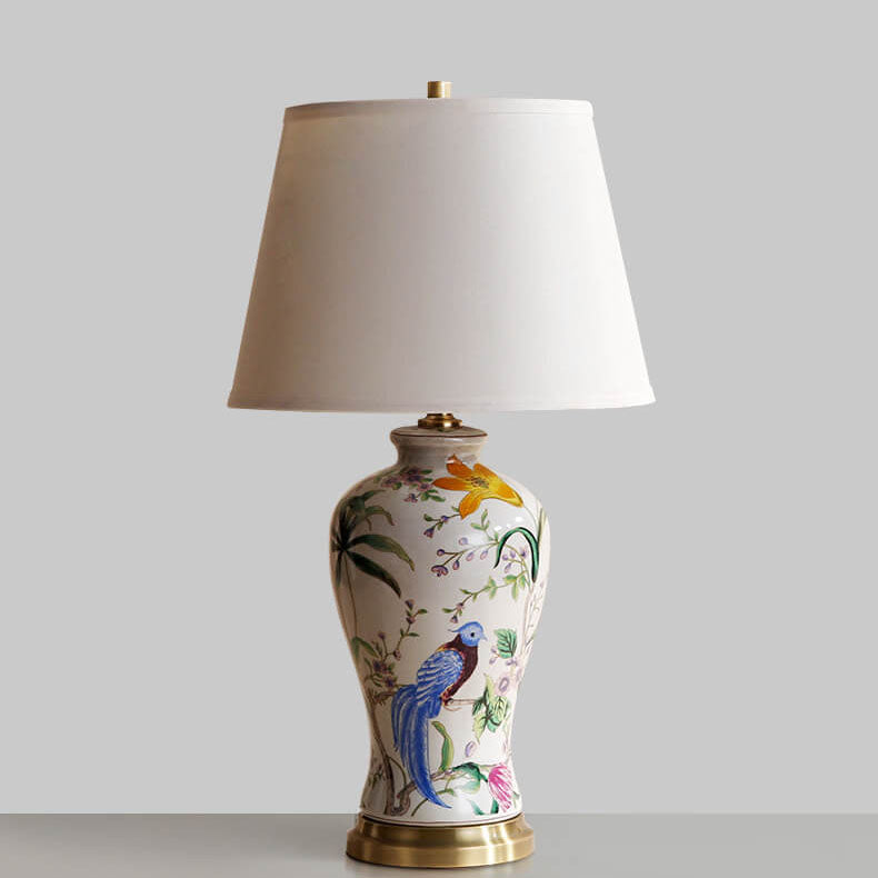 Traditional Chinese Bird & Flower Painted Ceramic Base Fabric Shade 1-Light Table Lamp For Home Office