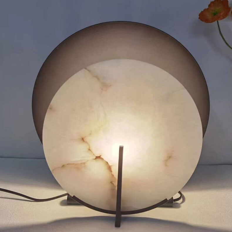 Lampe de table contemporaine et créative à 1 lumière en fer et marbre à double disques pour chambre à coucher 