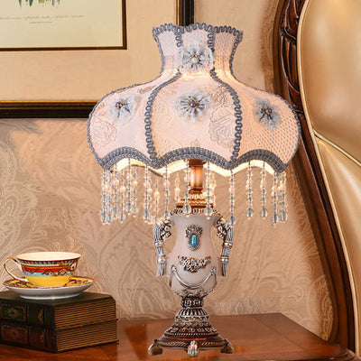 Traditional European Round Floral Beaded Resin Fabric 1-Light Table Lamp For Bedroom