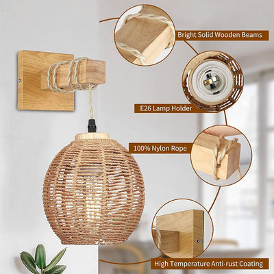 Contemporary Boho Rattan Weaving Cage Wooden Beams 1-Light Wall Sconce Lamp For Living Room