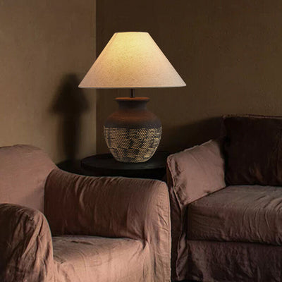 Traditional Japanese Fabric Shade Ceramic Jar Base 1-Light Table Lamp For Study