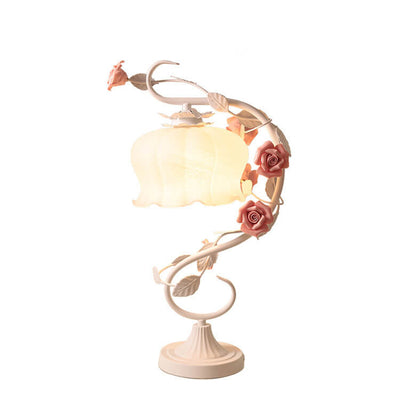 Vintage Romantic Pink Glass Ceramics Roses 1-Light Table Lamp