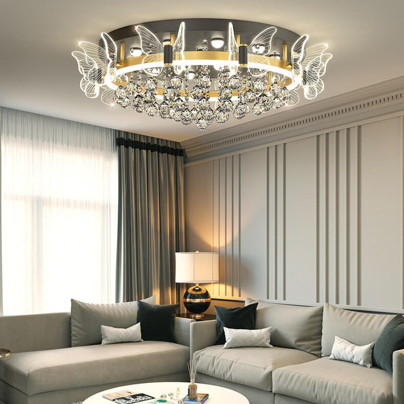 Modern Luxury Radiant Crystal Strings Butterfly Embellishment Round Shade LED Flush Mount Ceiling Light For Living Room