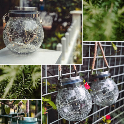 Solar Crackle Round Glass Jar LED Outdoor Garden Decorative Light