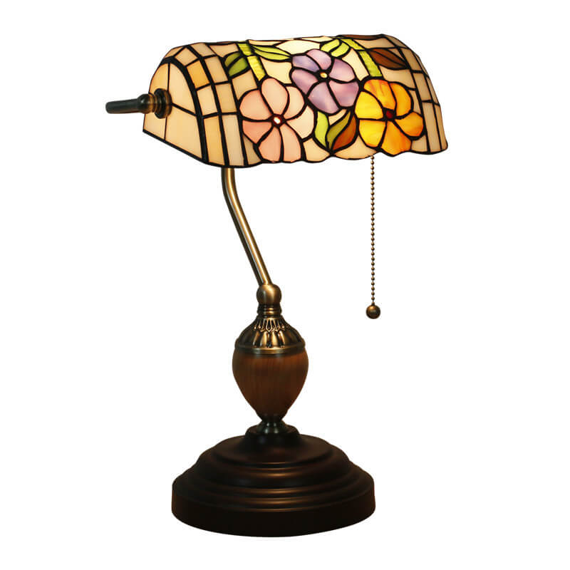 European Tiffany Flower Glass 1-Light Banker Table Lamp