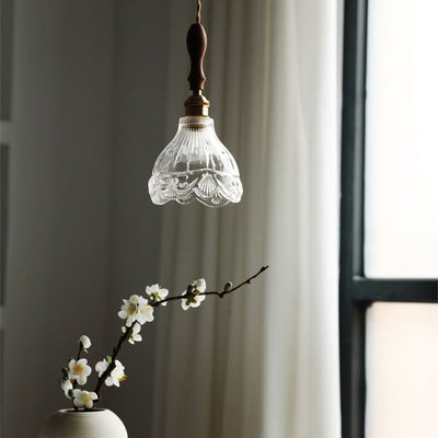 Japanese Patterned Glass Walnut 1-Light Pendant Light