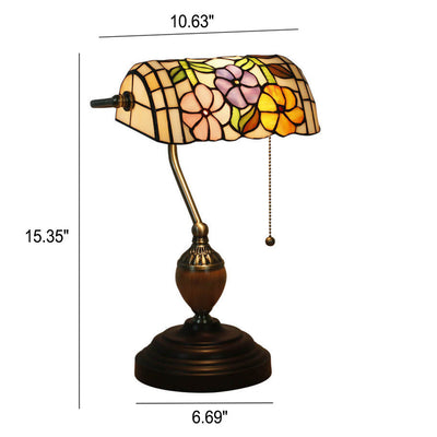 European Tiffany Flower Glass 1-Light Banker Table Lamp