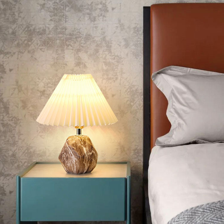 Contemporary Creative Pleated Fabric Shade Imitation Stone Base 1-Light Table Lamp For Bedroom