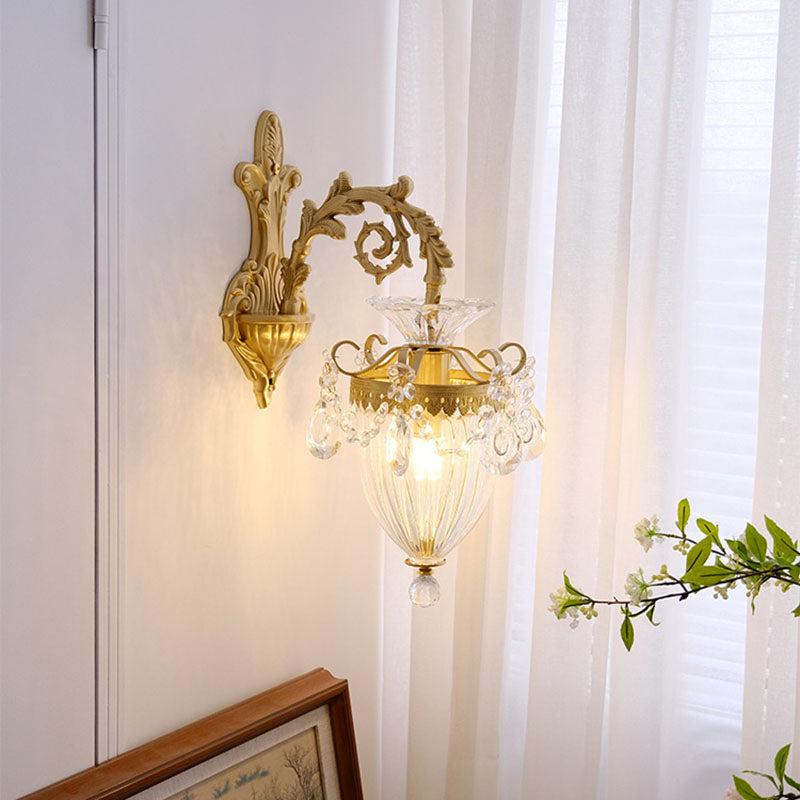 Traditional French Court Lantern Brass Crystal 1/2 Light Wall Sconce Lamp For Living Room