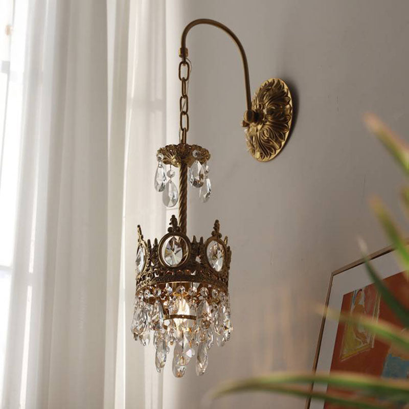 Traditional French Bent Crown Copper Crystal 1-Light Wall Sconce Lamp For Bedroom