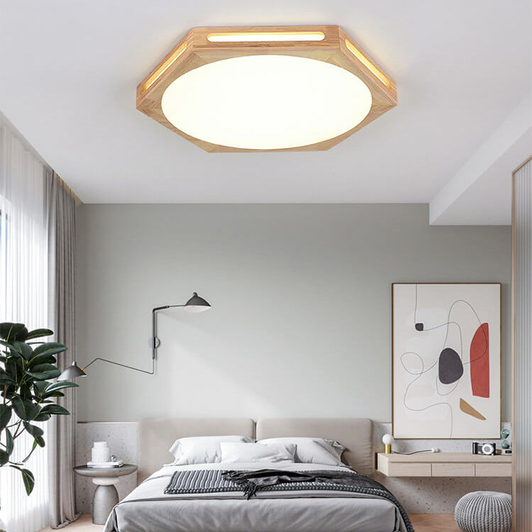 Nordic Minimalist Hexagonal Hollow Rubberwood Acrylic LED Flush Mount Ceiling Light