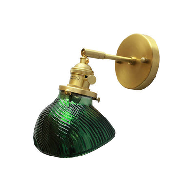 Vintage Emerald Glass Brass Straight Arm 1-Light Wall Sconce Lamp