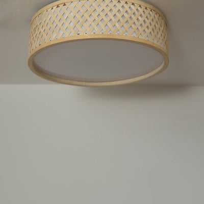 Modern Simple Round Bamboo Weaving 3-Light Flush Mount Ceiling Light