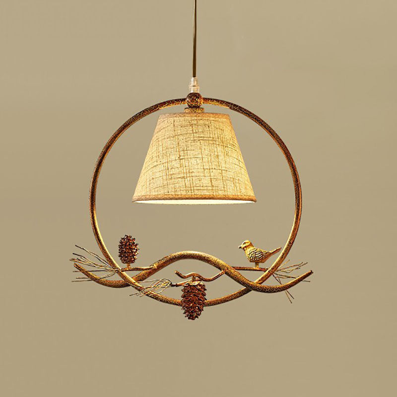 Traditional Rustic Fabric Shade Iron Ring Resin Bird 1-Light Pendant Light For Bedroom