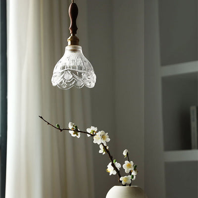 Japanese Patterned Glass Walnut 1-Light Pendant Light