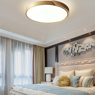 Modern Light Luxury Round All Copper Wood LED Flush Mount Lighting