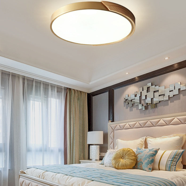 Modern Light Luxury Round All Copper Wood LED Flush Mount Lighting