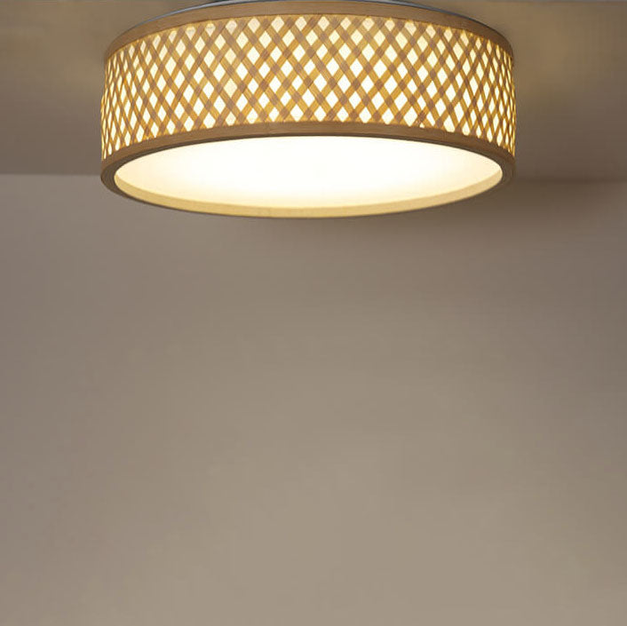 Modern Simple Round Bamboo Weaving 3-Light Flush Mount Ceiling Light