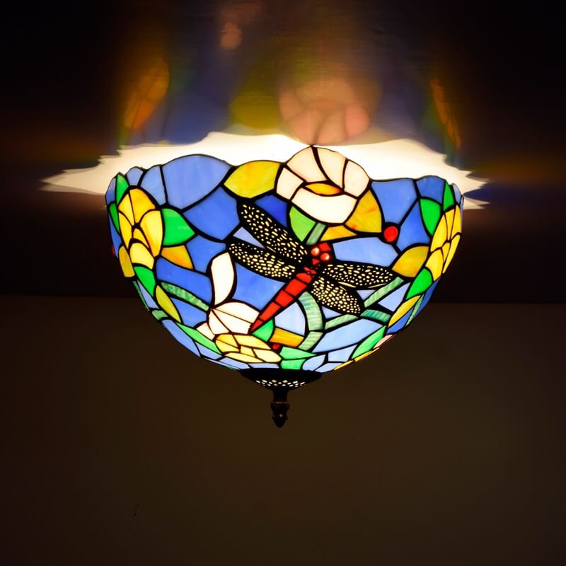 Tiffany Dragonfly Flower Stained Glass Bowl 2-Light Flush Mount Ceiling Light