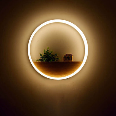 Applique murale LED ronde créative en bois massif et acrylique, décoration de rangement 